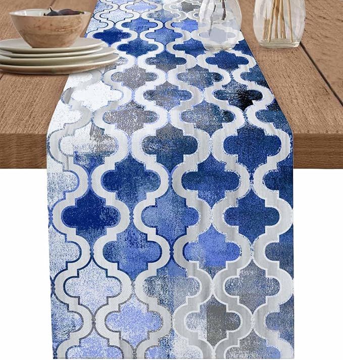 Blue Morocco Plaid Cotton Linen Table Runner for Dining Kitchen, Wedding Outdoor Party Tablerunners Decoration, Distressed Abstract Painted Vintage Dresser Scarf Coffee Tablecloth Runners 13x36 Inches