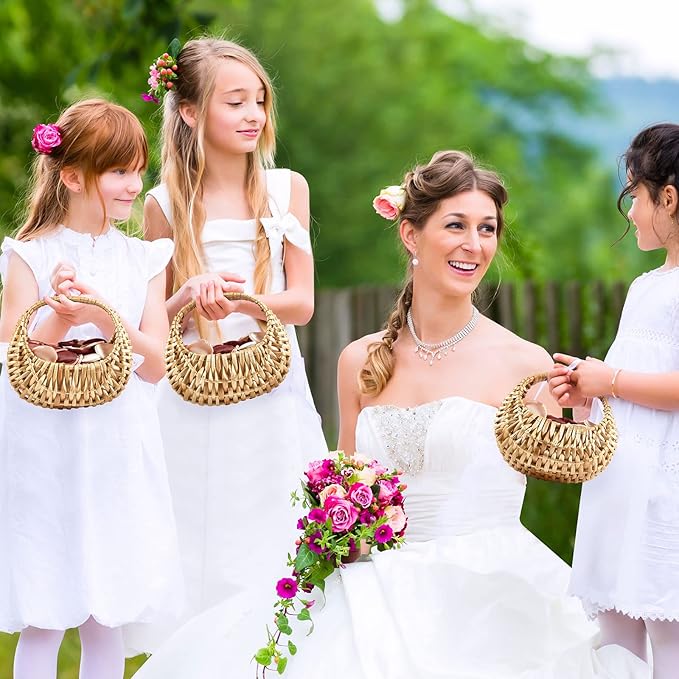 Taiyin 12 Pack Rattan Flower Girl Basket Small Half Moon Straw Wicker Basket with Handle Ideal for Wedding Flower Girl,Picnic,Garden Storage and Home Decor (Nature)