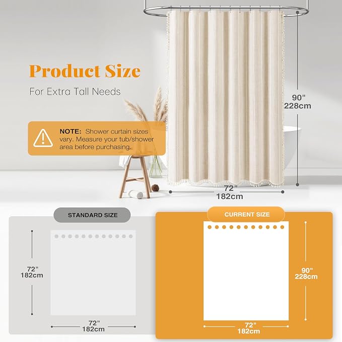 72 x 90 Boho Linen Heavy Duty Cloth Shower Curtain Set, Cream/Beige | Extra Long - Image 3