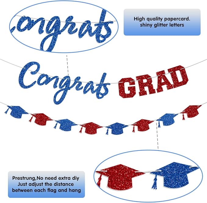 Prestrung Congrats Grad Banner Red and Blue Graduation Banner - Image 3