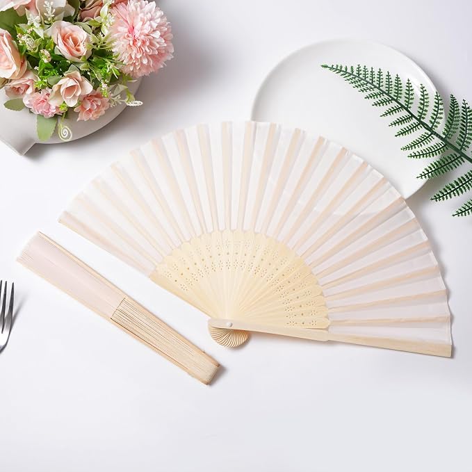 Sepwedd 50pcs Cream-Coloured Imitated Silk Fabric Bamboo Folded Hand Fan Bridal - Image 4