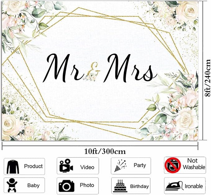 10x8FT Mr & Mrs White Floral Bridal Shower Backdrop Mr Mrs Wedding Theme Photo - Image 5