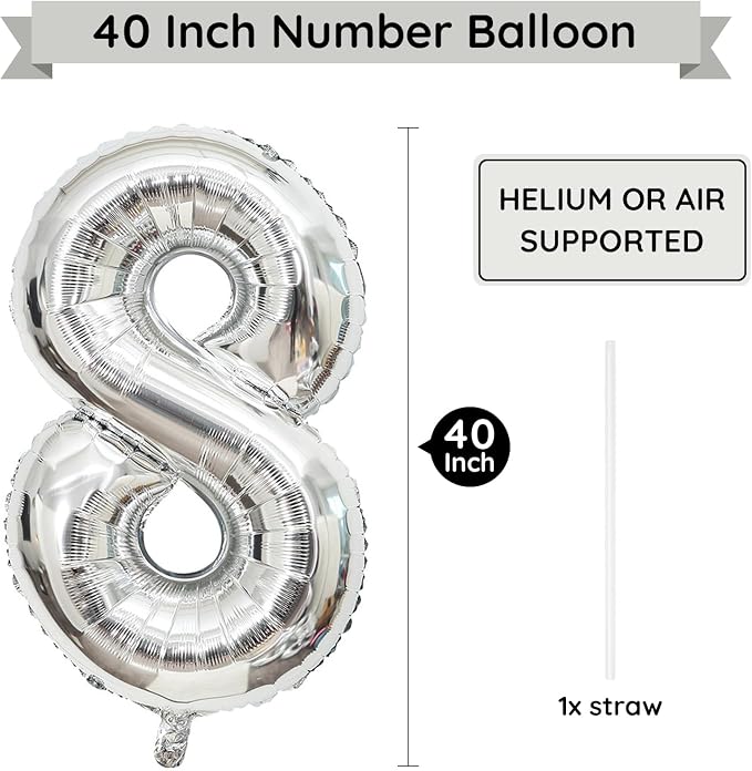 Silver Number 8 Balloon, 40 Inch Large Number Foil Mylar Balloons - Image 2