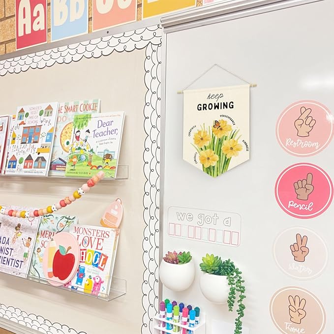 Plant Flower Classroom Decor, Keep Growing Motivational Linen Canvas Banner - Image 2