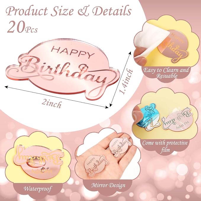 20pcs Pink Birthday Cupcake Toppers Acrylic Cake Picks - Image 2