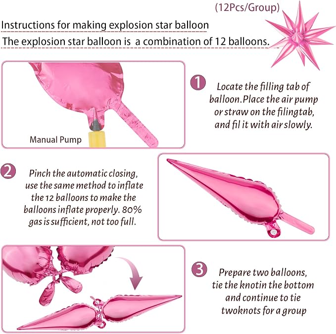 60 PCS Pink Star Balloons, 12 Point cone Explosion Star Foil Balloons - Image 3