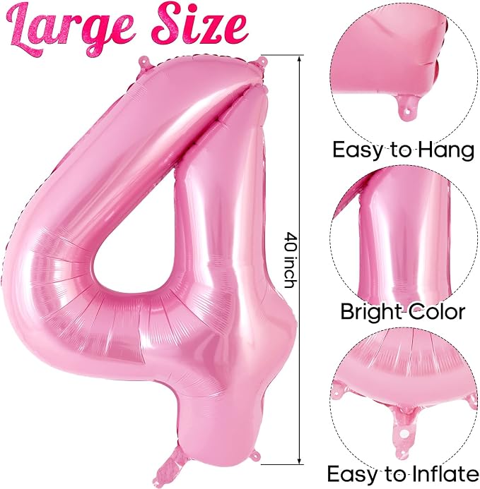 Pink Number 4 Balloon 40 Inch, Big Large Foil Helium Number Balloons, Jumbo - Image 3