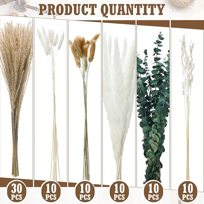 10 Set Dried Pampas Grass Centerpiece for Wedding 10 Clear Glass Jars 10 Artificial Roses 80 Dried Pampas Grass with Rope for Baby Shower Rustic Bridal Party Farmhouse Decoration(Pink)