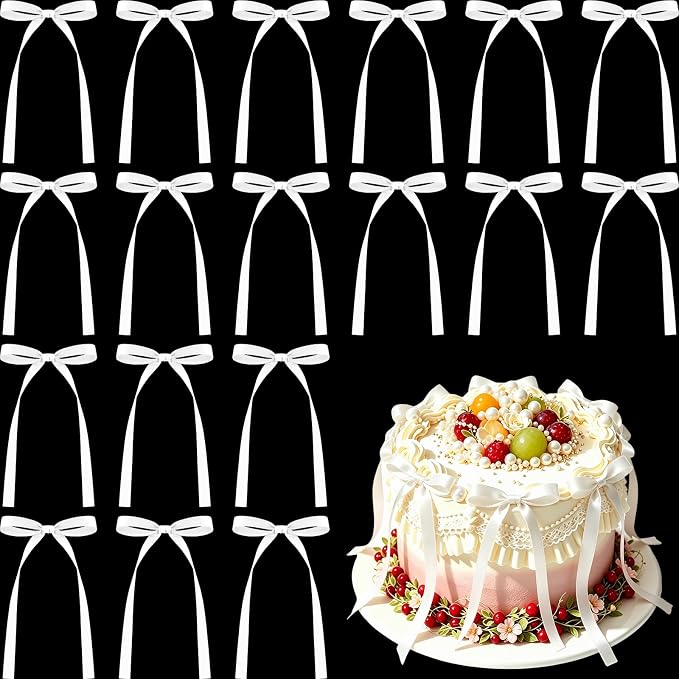 NEBURORA 50 Pcs White Bows for Cake Decoration Party Ribbon Bowknots | Pastel by NEBURORA
