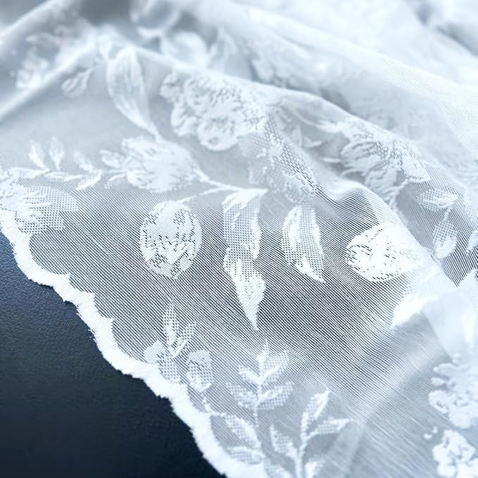 Treatmentex Floral White Lace Curtains 63 inch Length, French Rose Embroidered - Image 5
