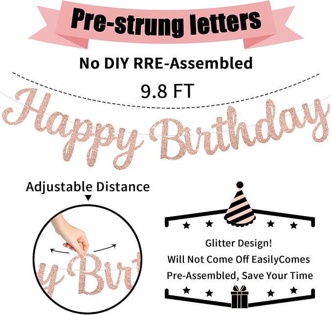 Pre-Strung Rose Gold Happy Birthday Banner NO DIY - Image 2