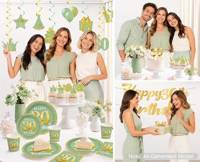 216pcs Yingoto Green Gold 30 Birthday Decorations Tableware Set, 25 Serves | No - Image 7