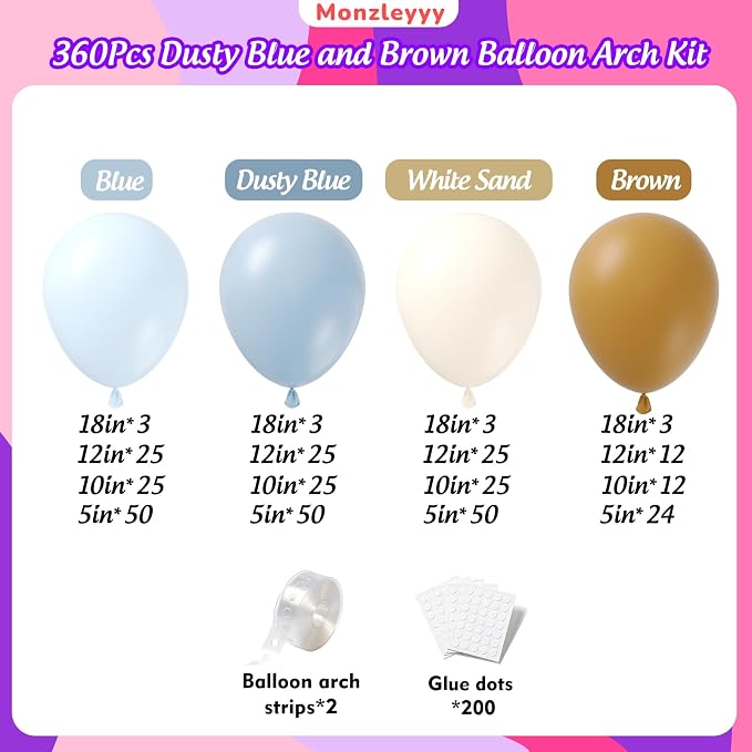 360Pcs Dusty Blue and Brown Balloons Garland Arch Kit - Image 2