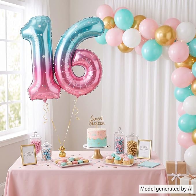 40 Inch Blue Pink Number 16 Balloon, Sweet 16 Ombre Foil Birthday Decor | 40in - Image 6