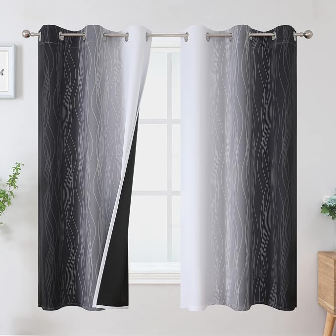 Ombre Greyish White and Black Blackout Curtains & Drapes 63 Inch Length 2 Panels by ESTELARTEXTILER