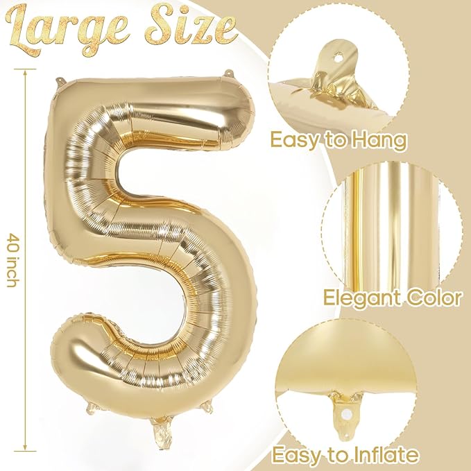 Champagne Gold Large Number 5 Balloon, 40 Inch Light Gold Foil Helium Number - Image 3