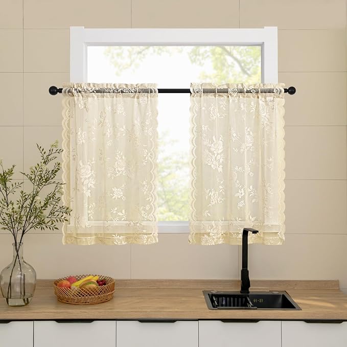 SEEKRIGHT Beige Kitchen Curtains 30 Inch Length Rod Pocket Light Filtering by SEEKRIGHTHomeDecor