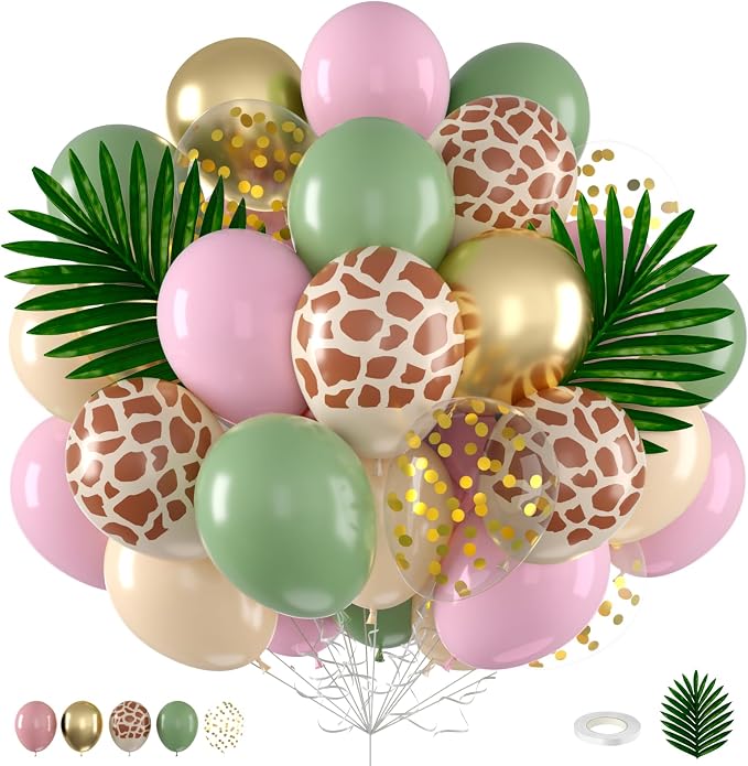Pink Safari Balloons, 12 Inch Sage Green Pastel Pink Balloons, by FunHot