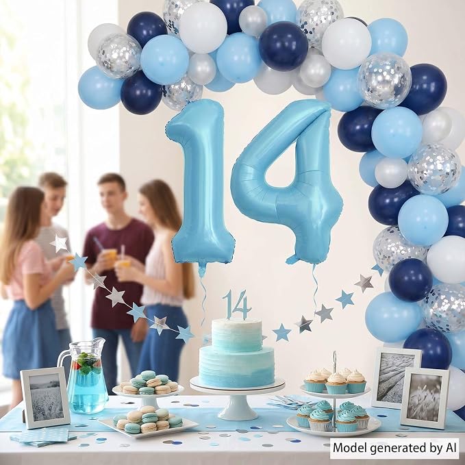 Pearlescent Blue Number 14 Balloon 40 Inch, Large Light Blue Foil 14th Birthday - Image 3