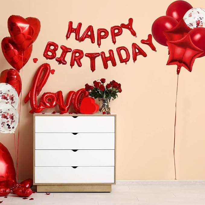 27 Pcs Red Birthday Decorations, 3D Foil Red Happy Birthday Balloon Banner - Image 7