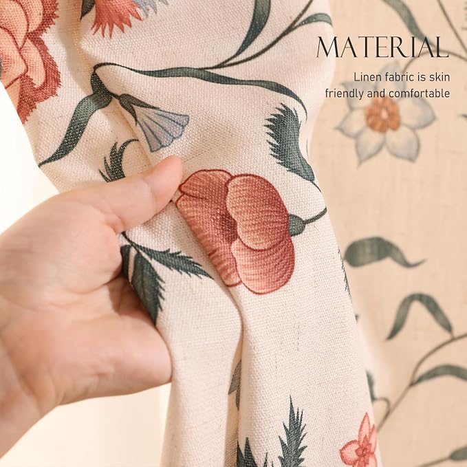 Designer French Linen Printed Curtains, 2 Panels, Floral Pattern Draps - Image 3