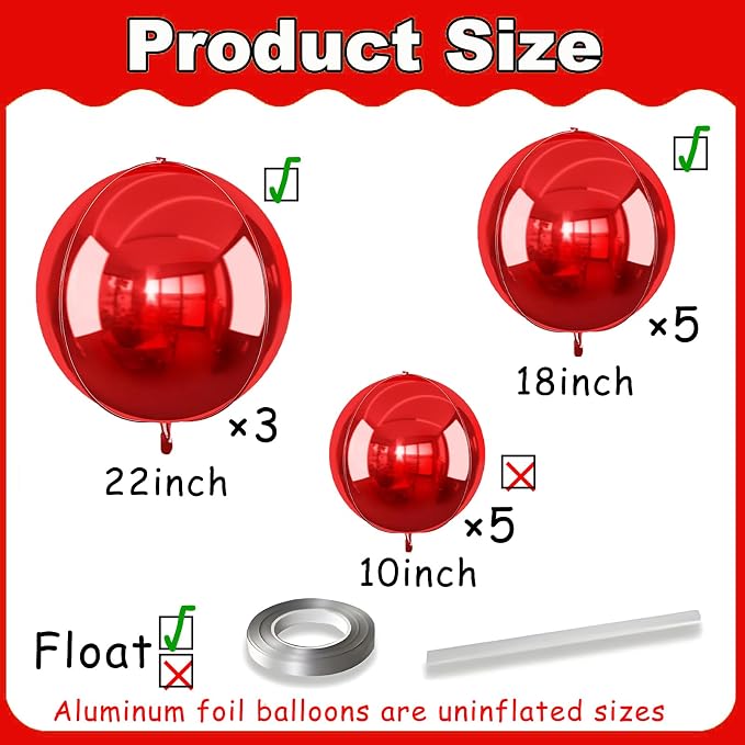13pcs Red 4D Balloons 22" 18" 10" 4D Red Ball Balloon Red Metallic Foil - Image 2
