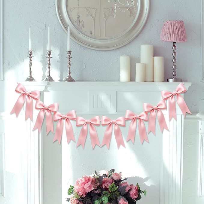 1 String of 8PCS Pink Bow Garland Banner Decoration, Pre-Strung Satin Ribbon - Image 8
