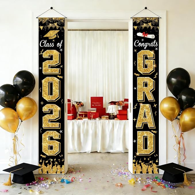 Class of 2026 GRAD Banner Porch black and gold graduation decorations，Welcome - Image 5