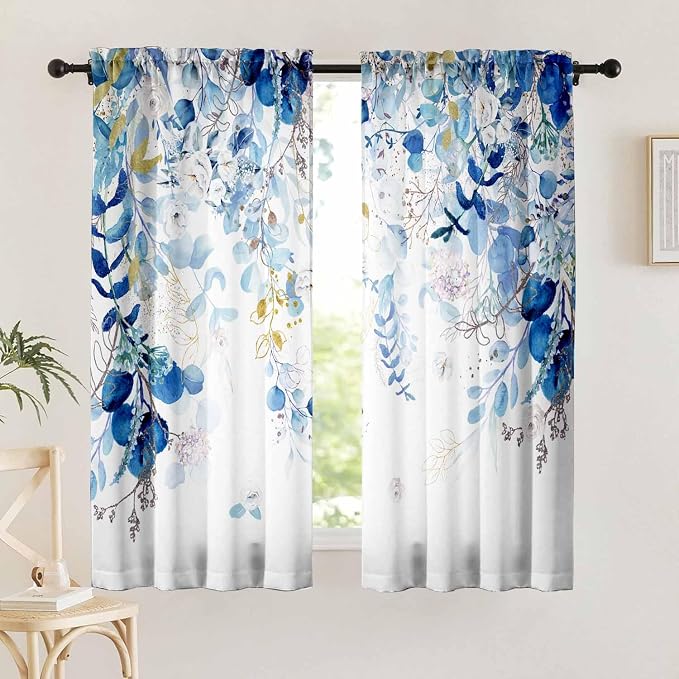 Blue Eucalyptus Curtains 63 Inch Length 2 Panels, Leaves Plant Drapes - Image 2