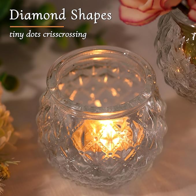 DARJEN 48Pcs Clear Votive Candle Holders - Round Candle Holder, Candle Holders Bulk for Tea Light Candle, Embossed Candle Votives for Wedding Centerpiece & Home Decor