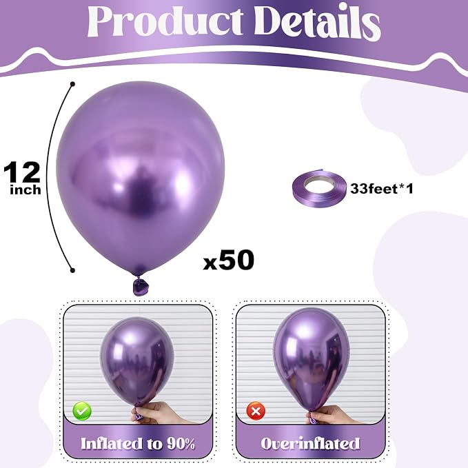Metallic Purple Balloons 50Pack 12 Inch Chrome Purple Latex Party Balloons - Image 3