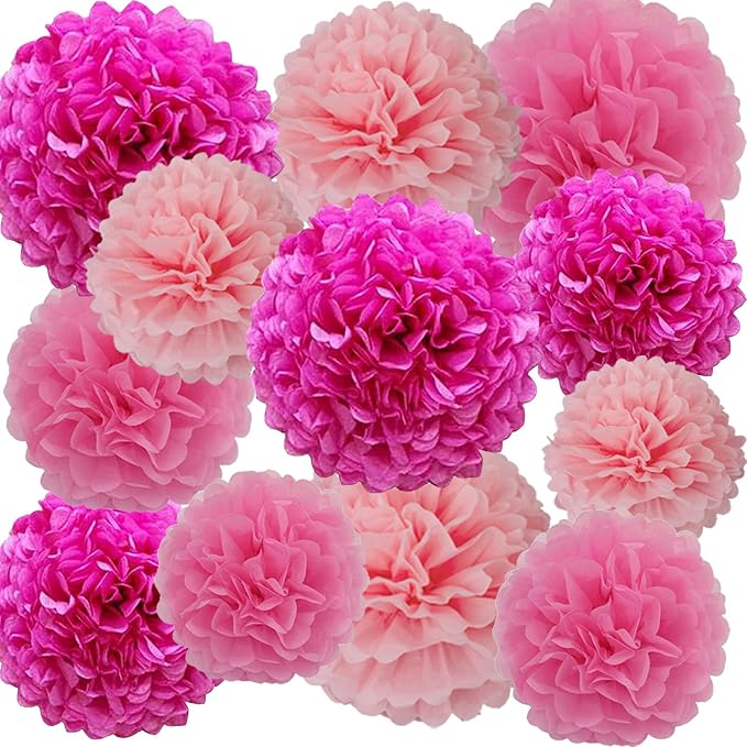 Hot Pink and Pink Hanging Tissue Paper Pom Poms by SIPRKAICT
