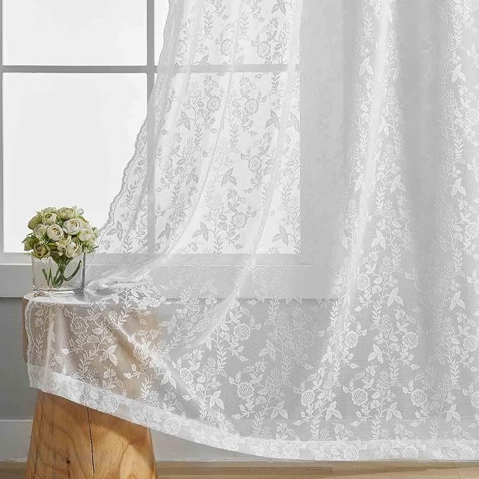 FINECITY White Lace Curtains Rustic Leaf Floral 42 x 84 Inch, 2 Panels | Rod - Image 5