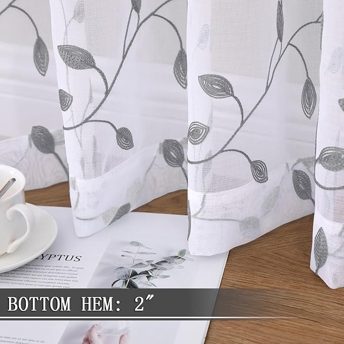 Tollpiz Leaves Short Sheer Curtain Grey Leaf Embroidery Bedroom Curtains Rod - Image 4