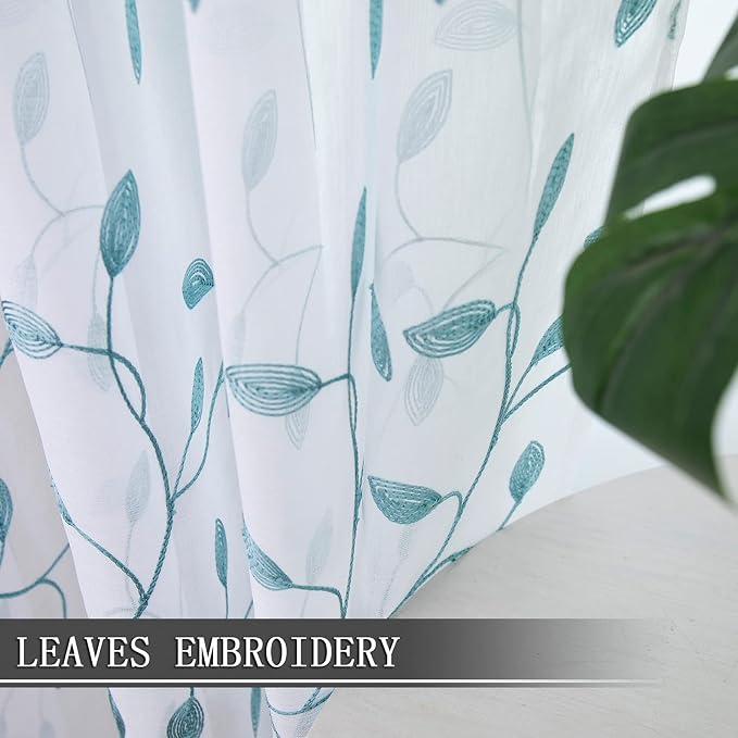 Tollpiz Leaves Sheer Tier Curtain Teal Blue Leaf Embroidery Kitchen Half - Image 3