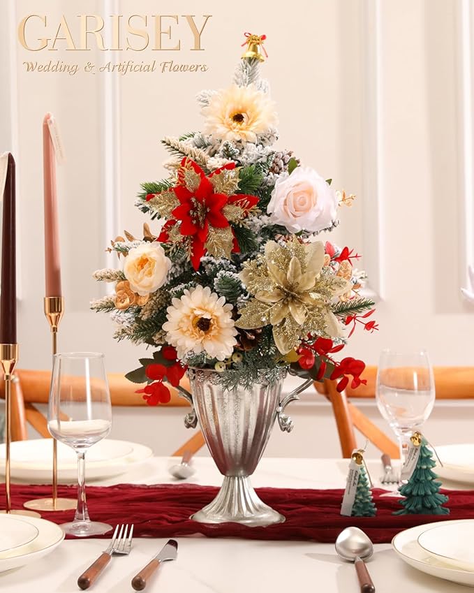 Christmas Artificial Flowers Poinsettia Flower Mix Silk Flowers Fake Roses with Stems for DIY Table Centerpieces Christmas Tree Xmas Wreath Holiday Home Party Decor