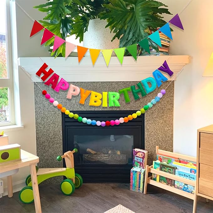 3 Pcs Pre-Strung Reusable Happy Birthday Banner, Handmade Wool Felt Ball Garland - Image 7