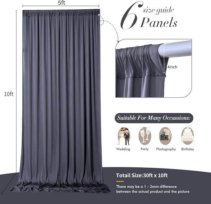 30 ft x 10 ft Wrinkle Free Charcoal Backdrop Curtain - Image 7