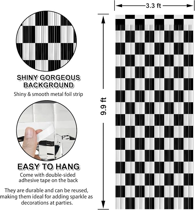 3 Pack 3.3 x 9.9 ft Black & White Tinsel Streamers Party Decorations | Foil - Image 2