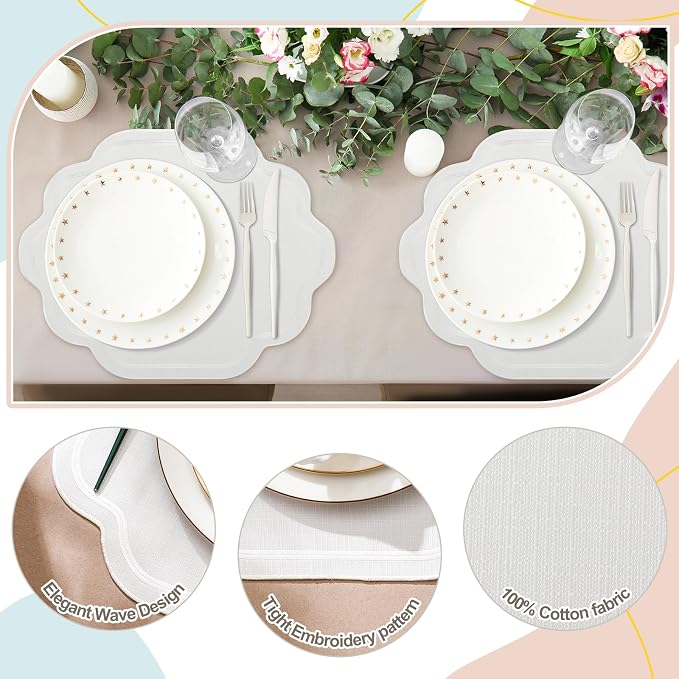 Scalloped Cotton Placemats Set of 6, 17x13 Inch White Embroidered Table Mats - Image 3