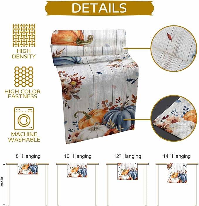 Thanksgiving Fall Cotton Linen Table Runner for Dining Kitchen, Pumpkins Eucalyptus Wedding Outdoor Party Tablerunners Decoration Farmhouse Wooden Dresser Scarf Coffee Tablecloth Runners 13x108 Inches