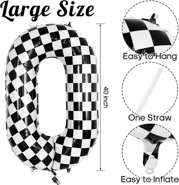 Checkered Number 0 Balloon 40 Inch, Large Foil Black and White Number Balloons - Image 3