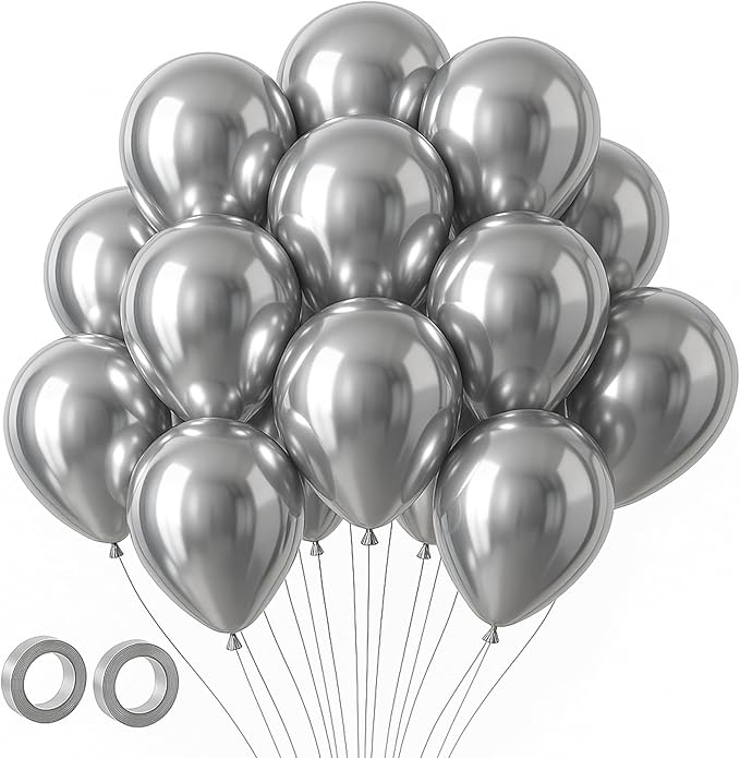 Voircoloria 105pcs Metallic Silver Party Latex Balloons, 12inch | by Voircoloria