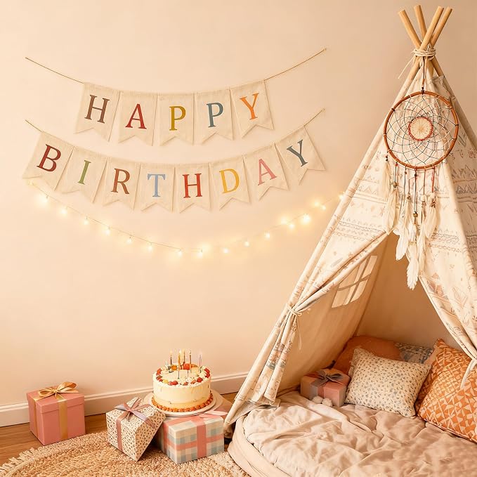 Happy Birthday Burlap Banner Boho Theme Garland White Bunting Bohemian Hanging - Image 5