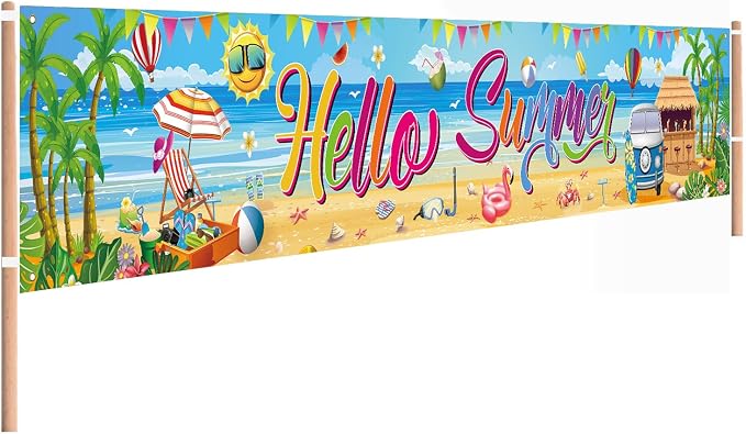Hello Summer Banner, 118 x 20 Inch Beach Pool Hawaiian Luau Party Decorations by AUSHENKE