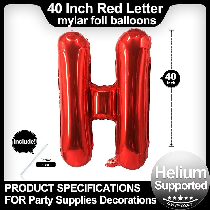 40 Inch Red Letter H Balloons, DIY Phrase Foil Alphabet Letter H Balloons DIY - Image 2