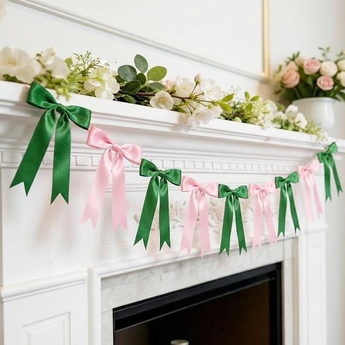 2 Strings Pink & Green Bow Garland Banner Decorations - Image 3