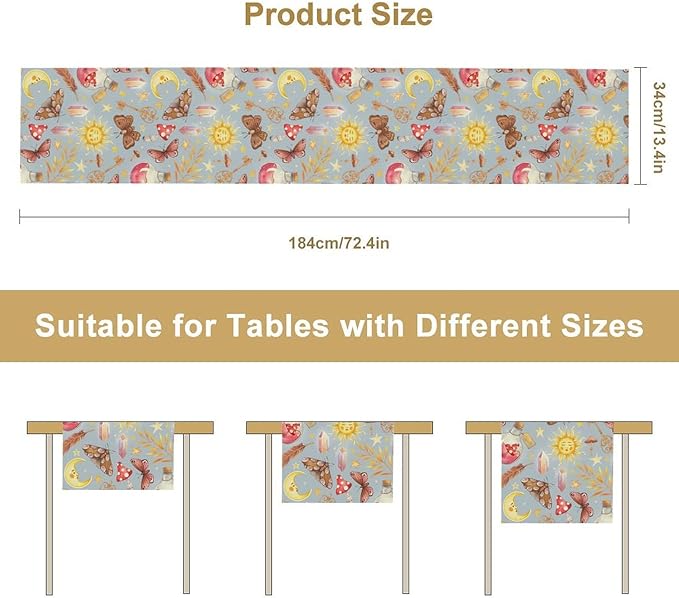 Boho Sun Moon Table Runner Mystical Rustic Butterfly Mushroom Star Table Runner for Kitchen Living Room Dinner Holiday 13x90 Inch