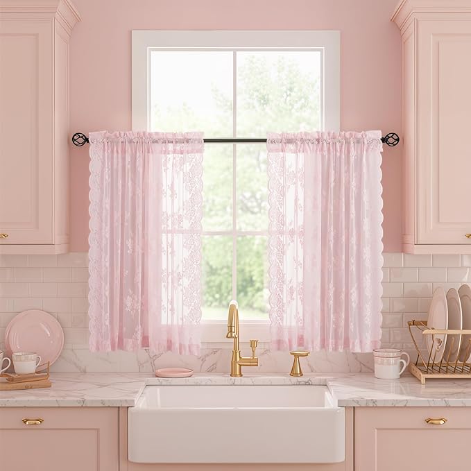 Kotile Pink Sheer Lace Curtains - Image 7