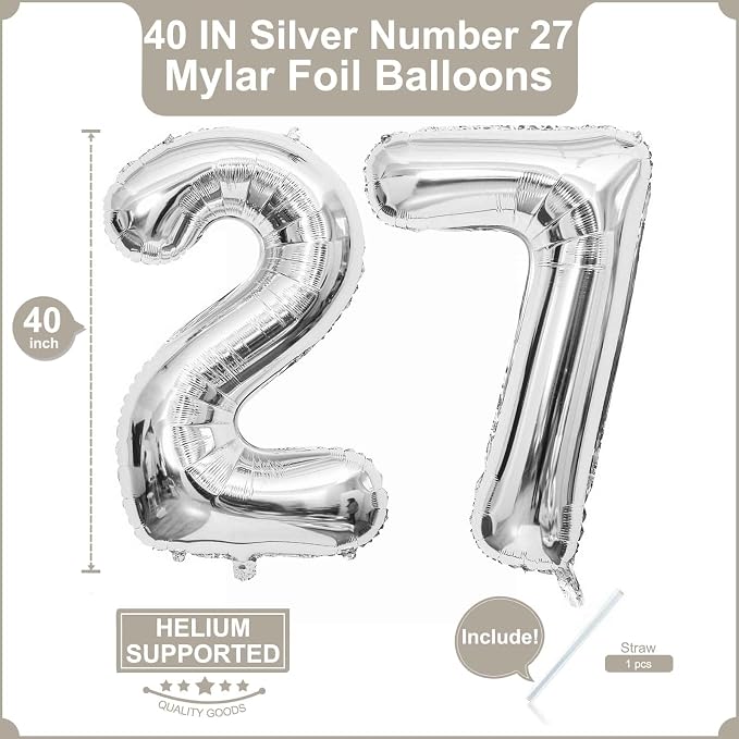 40 Inch Silver 27 Balloons Giant Number 27 Balloons Silver 27 Birthday Balloons - Image 2